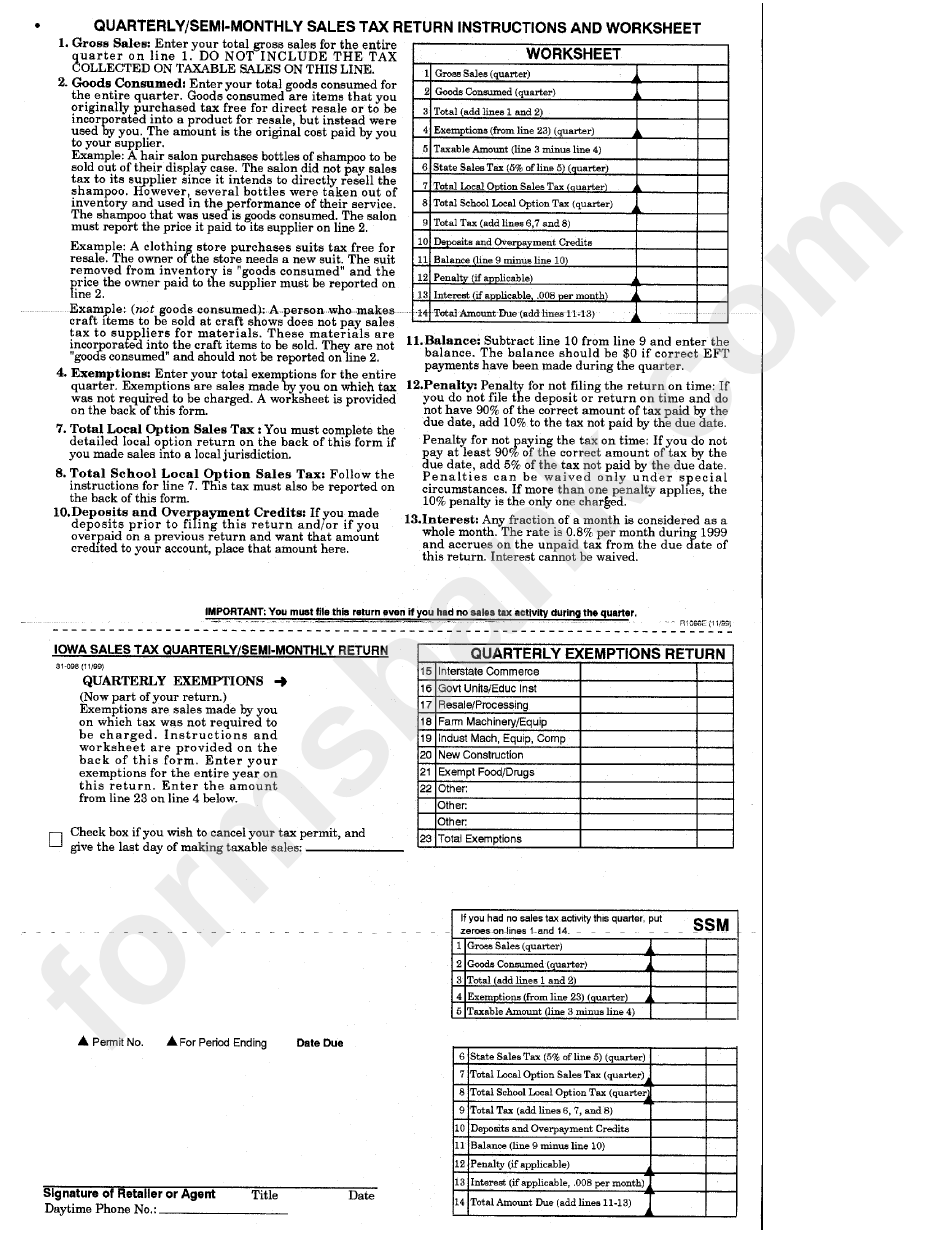 Form 31 098 Iowa Sales Tax Quarterly semi Monthly Return Printable Pdf Download