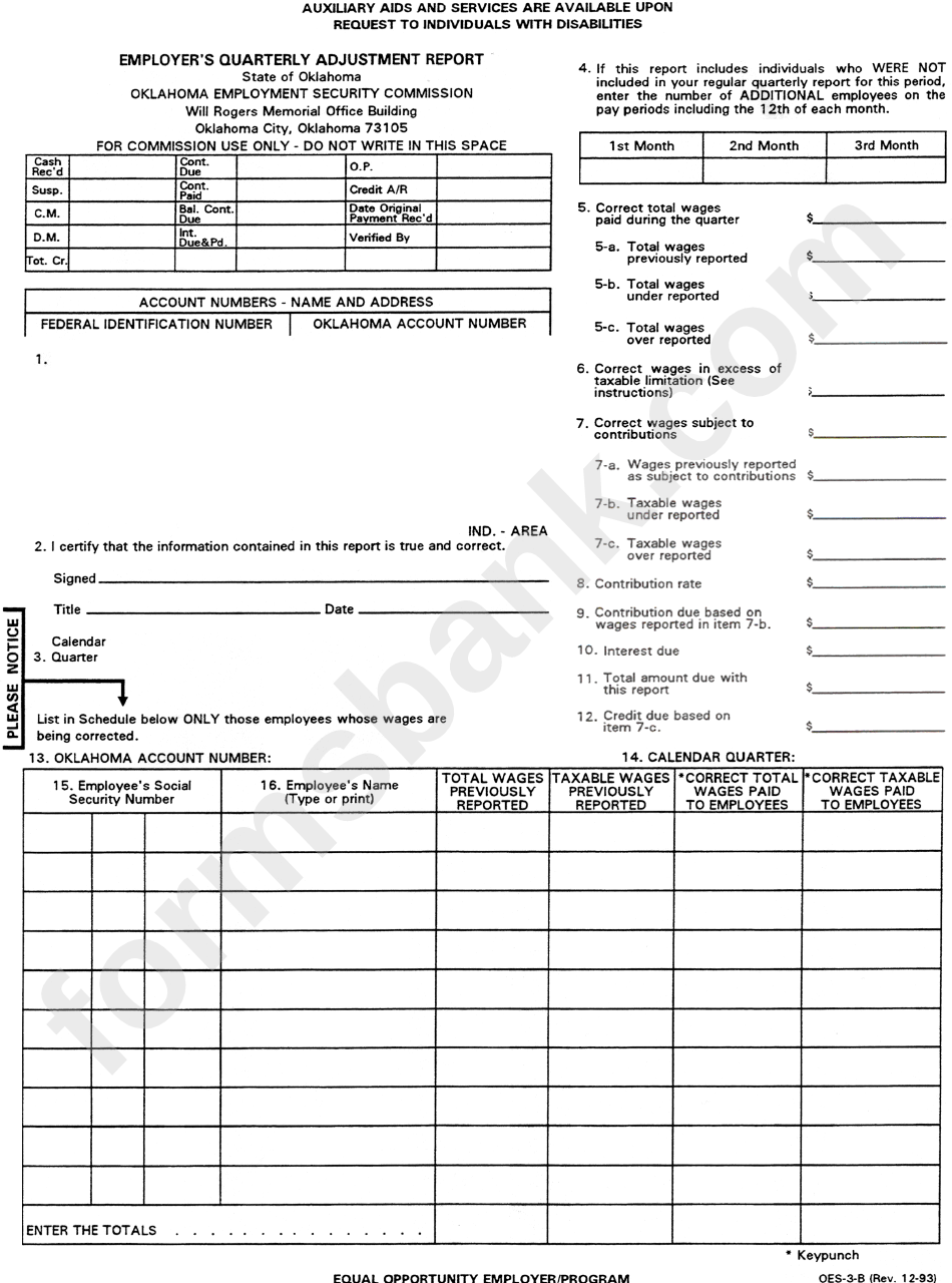 Form Oes-3-B - Employer'S Quarterly Adjustment Report printable pdf ...
