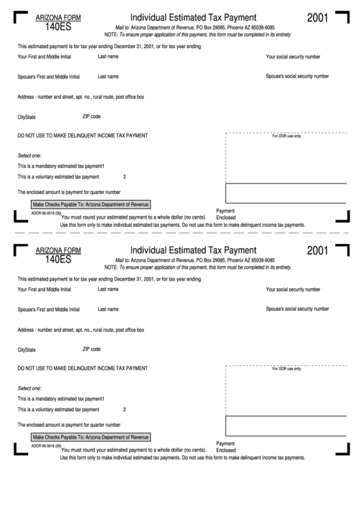 Form 140 Es - Individual Estimated Tax Payment - 2001 Printable pdf