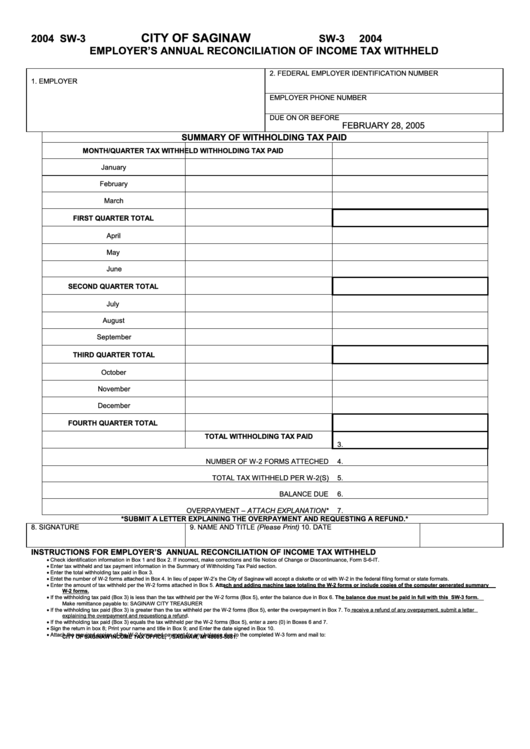 Fillable Form Sw-3 - Employer