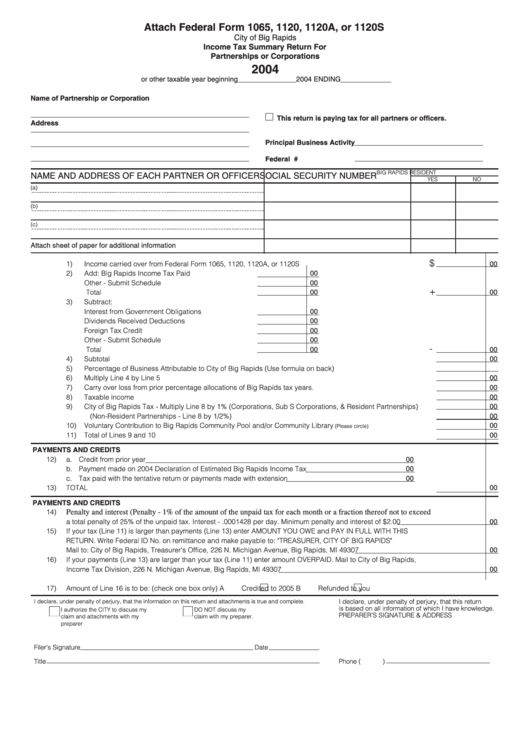 Income Tax Summary Return For Partnerships Or Corporations Form - 2004 Printable pdf