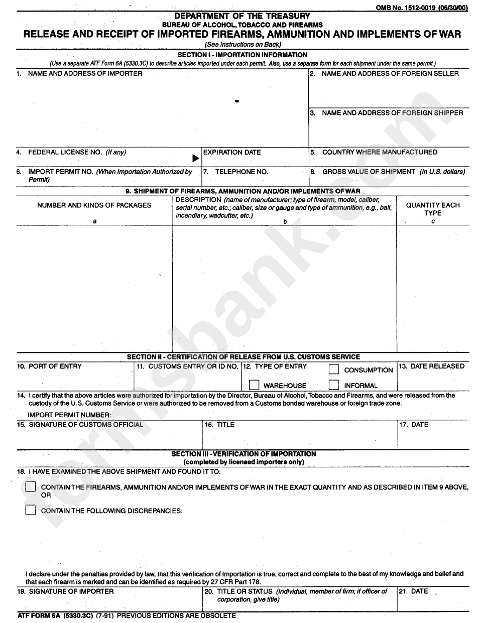 Form Omb 1512-0019 - Release And Receipt Of Imported Firearms, Ammunition And Implements Of War