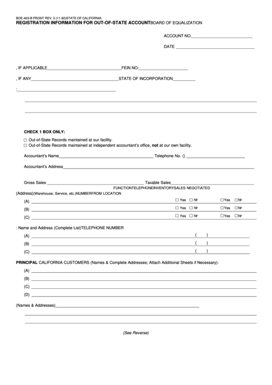 Fillable Form Boe-403-B - Registration Information For Out-Of-State Account Printable pdf