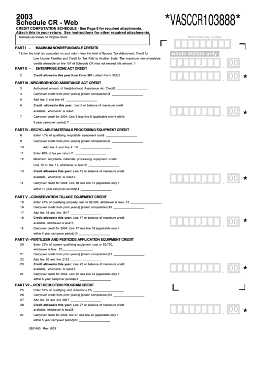 Form 2601450 - Schedule Cr - Credit Computation Schedule - 2003 Printable pdf