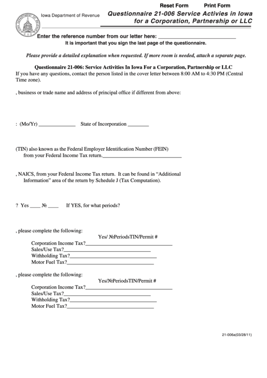 Fillable Form 21-006e - Questionnaire 21-006 Service Activies In Iowa For A Corporation, Partnership Or Llc Printable pdf