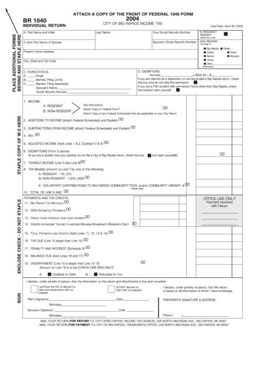 Form Br 1040 - Individual Return - City Of Big Rapids Income Tax - 2004 Printable pdf