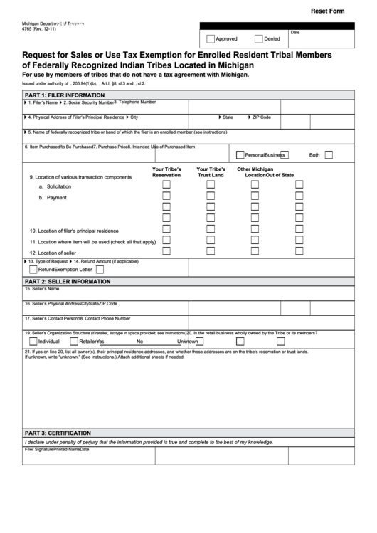 Fillable Form 4765 - Request For Sales Or Use Tax Exemption For Enrolled Resident Tribal Members Of Federally Recognized Indian Tribes Located In Michigan Printable pdf