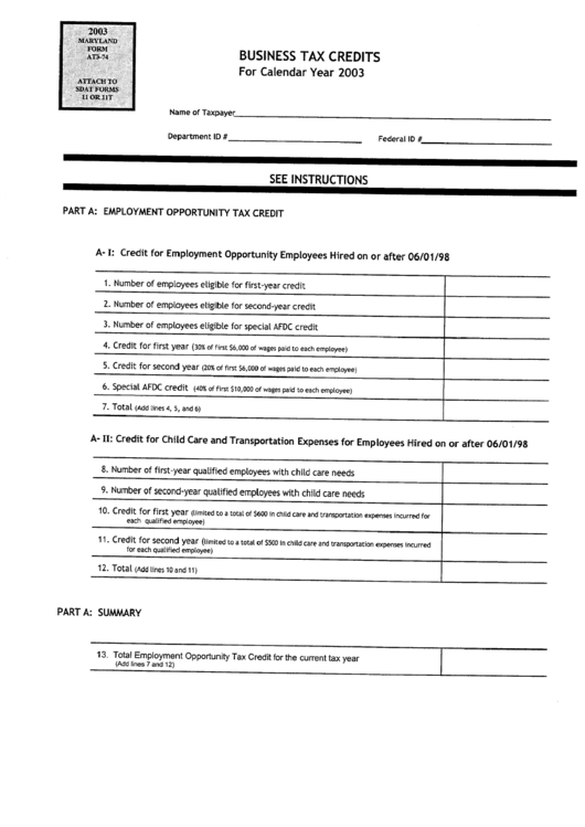 Maryland Form At3-74 - Business Tax Credits -2003 Printable pdf