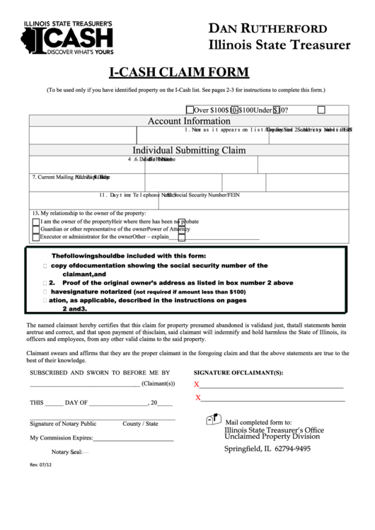 I-Cash Claim Form -Illinois State Treasurer Printable pdf