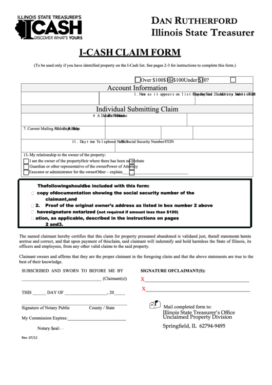 I Cash Claim Form Illinois State Treasurer Printable Pdf Download