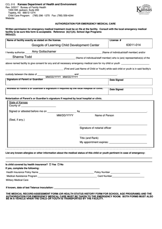Fillable Form Ccl 010 - Authorization For Emergency Medical Care Printable pdf