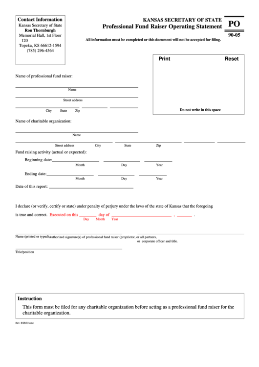Fillable Form Po 90-05 - Professional Fund Raiser Operating Statement Printable pdf
