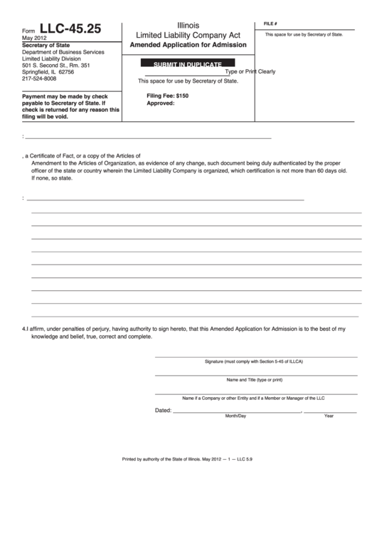 Fillable Form Llc-45.25 - Amended Application For Admission Printable pdf