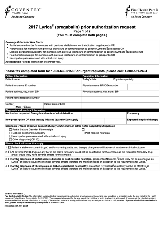 Form Gr-69176 - Lyrica (Pregabalin) Prior Authorization Request - 2017 Printable pdf