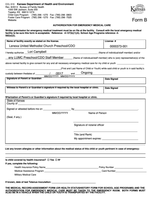 Form B - Authorization For Emergency Medical Care - Kansas Department Of Health And Environment Printable pdf