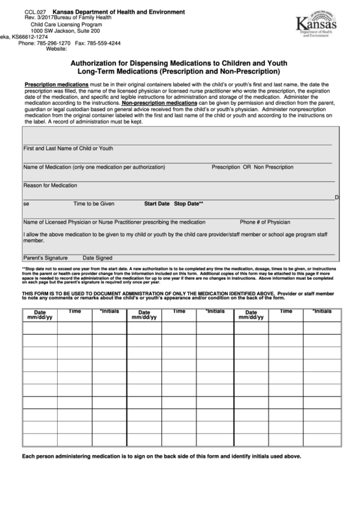 Form Ccl.027 - Authorization For Dispensing Medications To Children And Youth Long-Term Medications (Prescription And Non-Prescription) Printable pdf