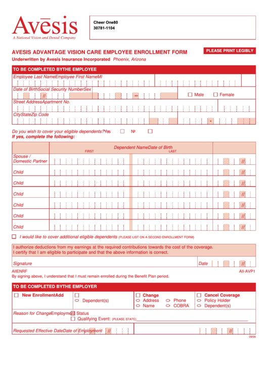 Fillable Avesis Advantage Vision Care Employee Enrollment Form Printable pdf