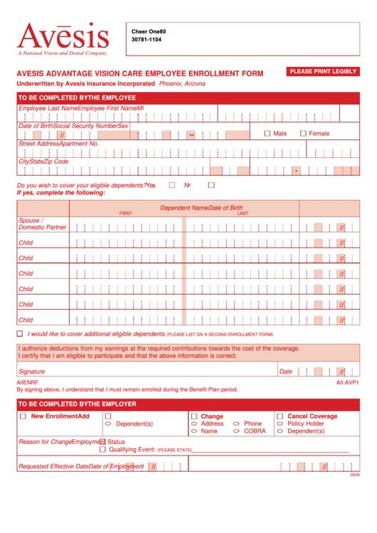 Fillable Avesis Advantage Vision Care Employee Enrollment Form 