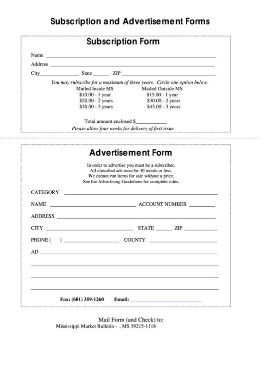 Subscription And Advertisement Forms Printable pdf