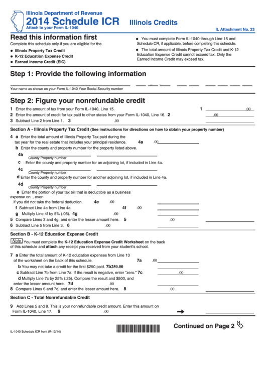 Schedule Icr (Form Il1040) Illinois Credits 2014 printable pdf