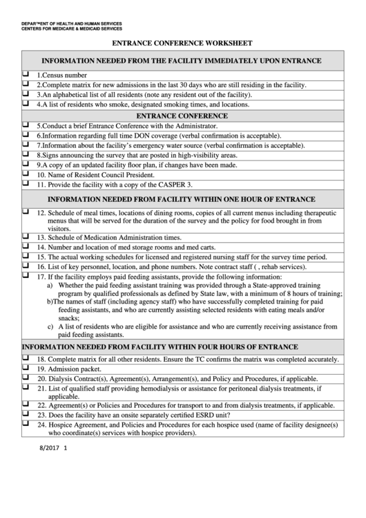 Fillable Entrance Conference Worksheet - Department Of Health And Human Services Printable pdf