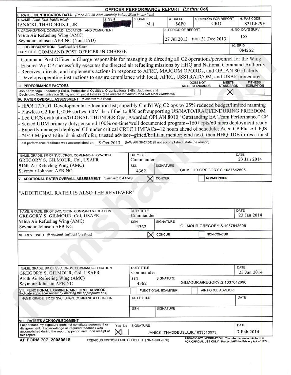 Af Form 707 - Officer Performance Report printable pdf download