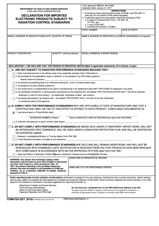 Fillable Form Fda 2877 - Declaration For Imported Electronic Products Subject To Radiation Control Standards - Department Of Health And Human Services Printable pdf