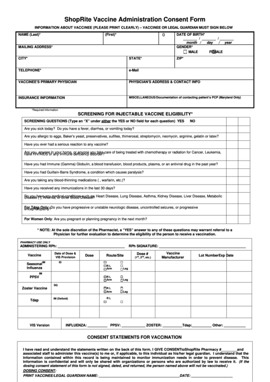 Fillable Shoprite Vaccine Administration Consent Form Printable pdf