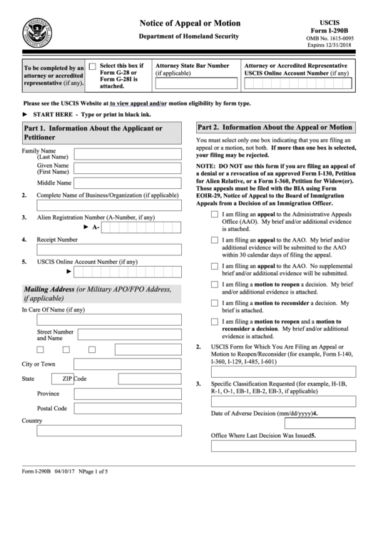 Fillable Form I-290b - Notice Of Appeal Or Motion - U.s. Citizenship And Immigration Services Printable pdf