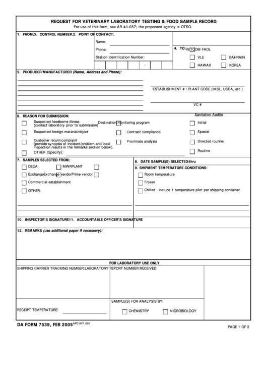 Da Form 7539 - Request For Veterinary Laboratory Testiong & Food Sample Record Printable pdf