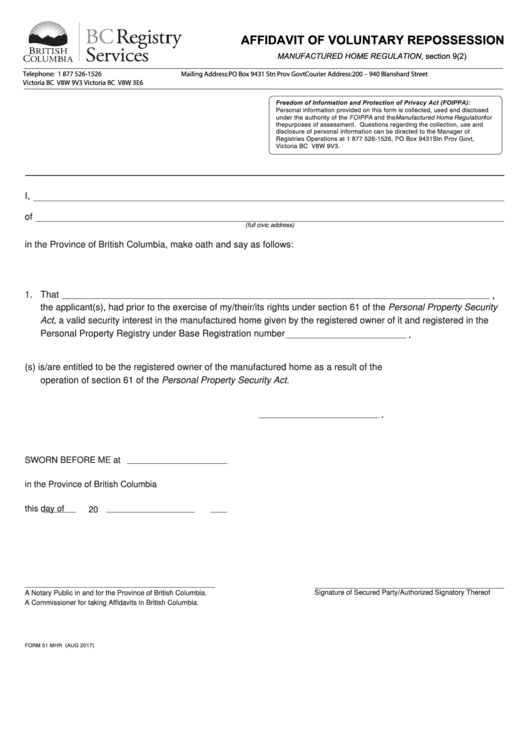 Fillable Form 51 Mhr - Affidavit Of Voluntary Repossession Printable pdf
