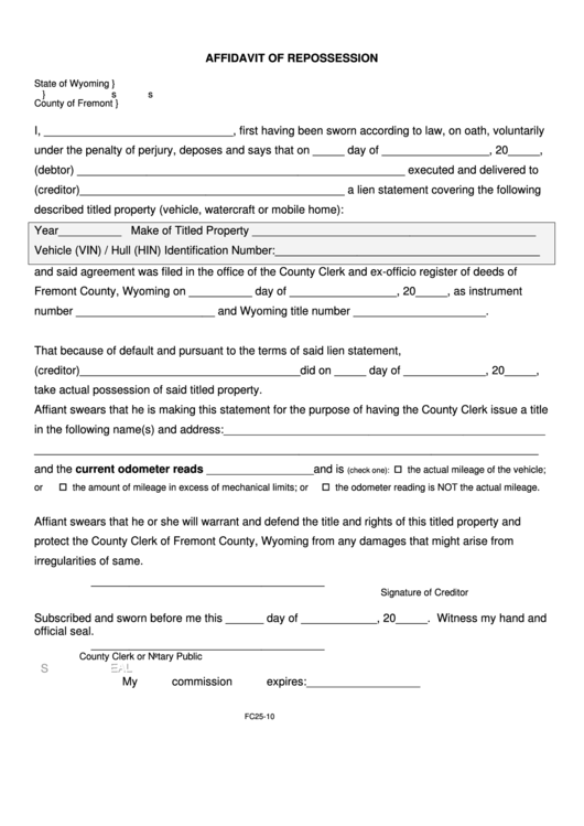 Fillable Form Fc25-10 - Affidavit Of Repossession - County Of Fremont Printable pdf