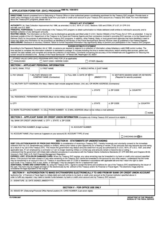Fs Form 2887 - Application Form For U.s. Department Of The Treasury Stored Value Card (Svc) Program Printable pdf