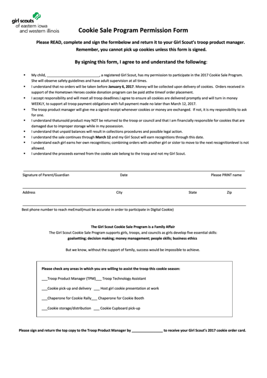 Fillable Girl Scouts Cookie Sale Program Permission Form Printable pdf