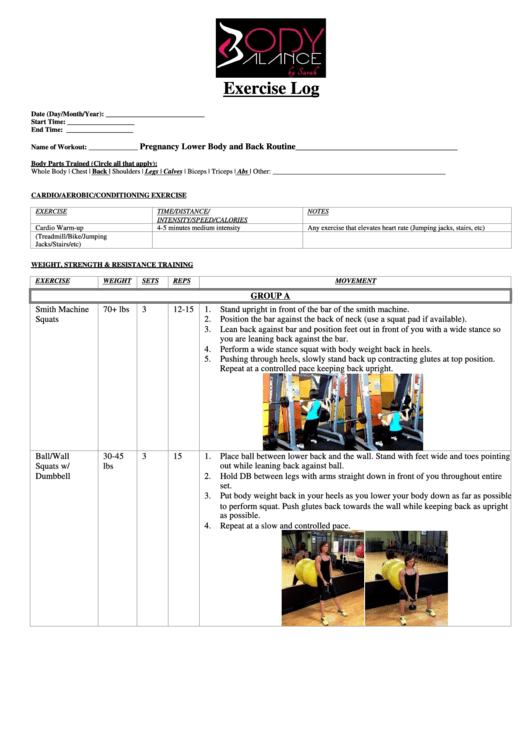 Exercise Log - Back, Legs, Calves Printable pdf
