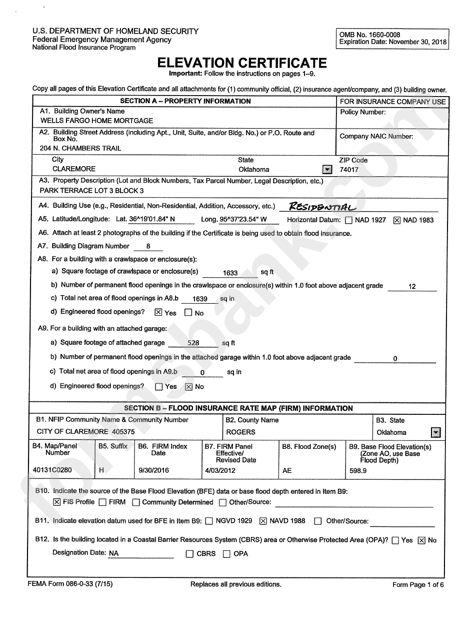 Fema Form 086-0-33 - Elevetion Certificate - U.s. Department Of Homeland Security