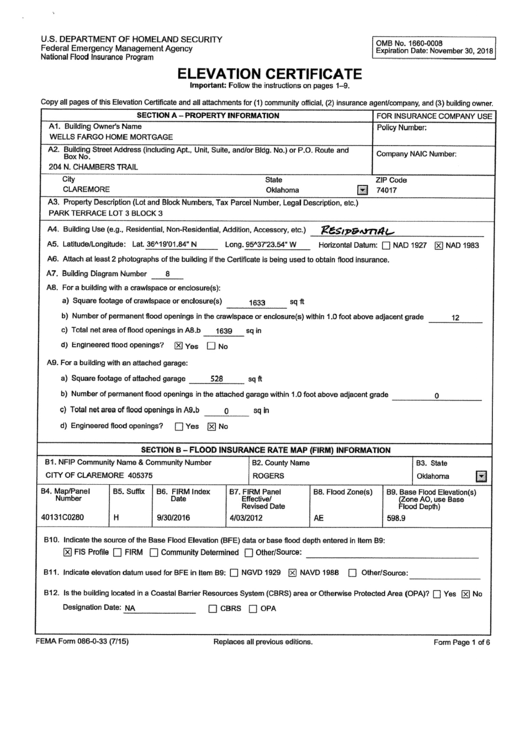 Fema Form 086-0-33 - Elevetion Certificate - U.s. Department Of Homeland Security Printable pdf