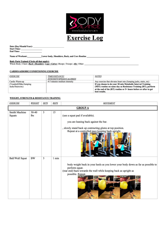 Exercise Log - Back, Shoulders, Legs, Calves Printable pdf