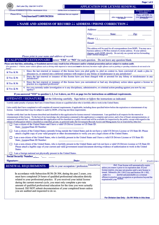 Application For License Renewal - Salt Lake City