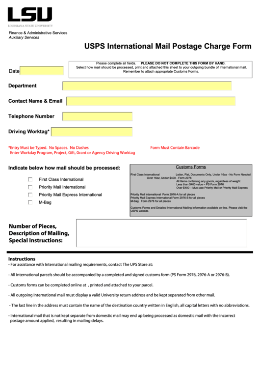 Fillable Usps International Mail Postage Charge Form Printable pdf