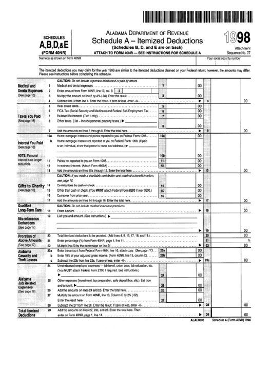 Fillable Form 40 Nr - Schedules A, B, D, & E - Schedule A - Itemized Deductions - 1998 Printable pdf