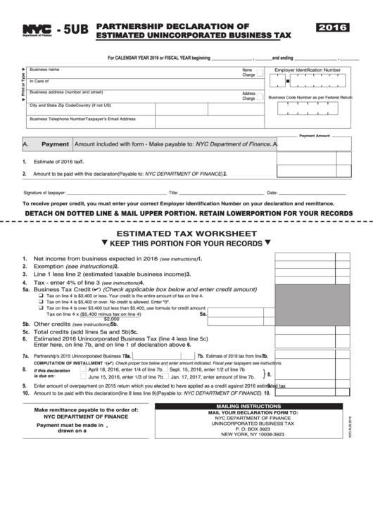 Form Nyc-5ub - Partnership Declaration Of Estimated Unincorporated Business Tax - 2016 Printable pdf