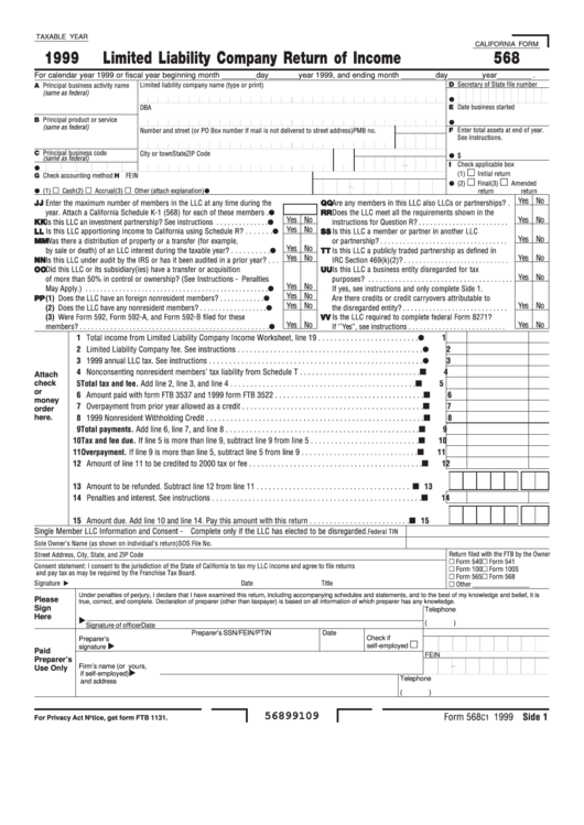 California Form 568 - Limited Liability Company Return Of Income - 1999 Printable pdf