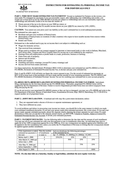 Form Rev-4131 Ex - Instructions For Estimating Pa Personal Income Tax For Individuals Only Printable pdf