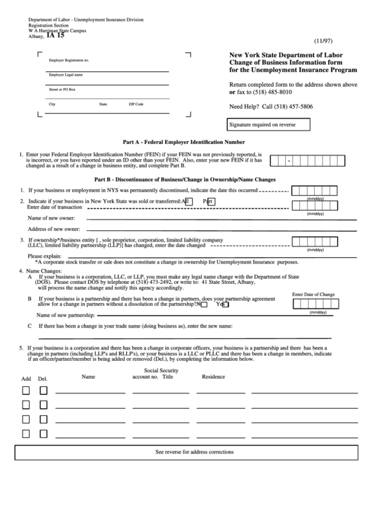 Form Ia 15 - Change Of Business Information Form For The Unemployment Insurance Program Printable pdf