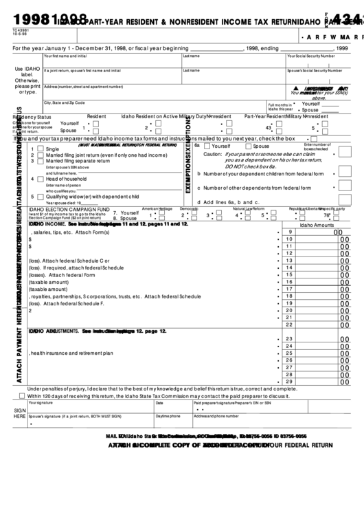 Fillable Form 43 - Idaho Part-Year Resident & Nonresident Income Tax Return - 1998 Printable pdf