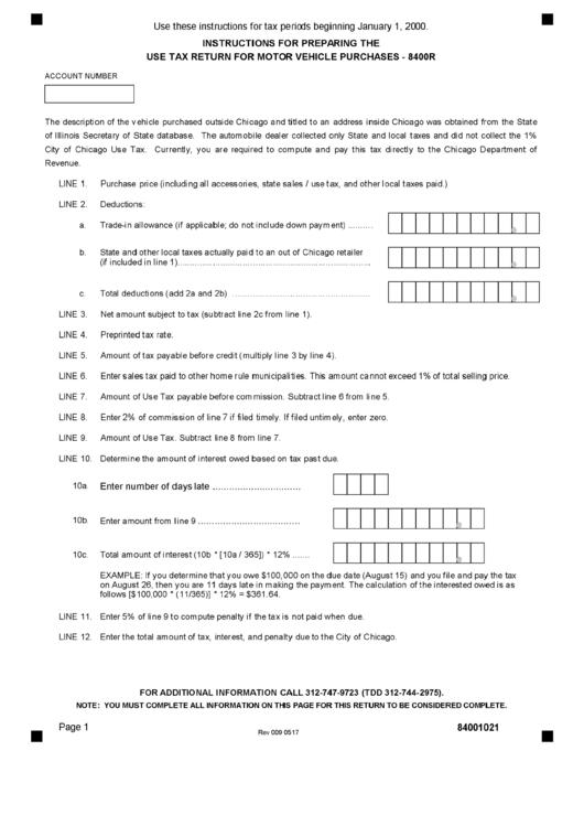 Form 8400r - Instructions For Preparing The Use Tax Return Motor Vehicle Purchases Printable pdf