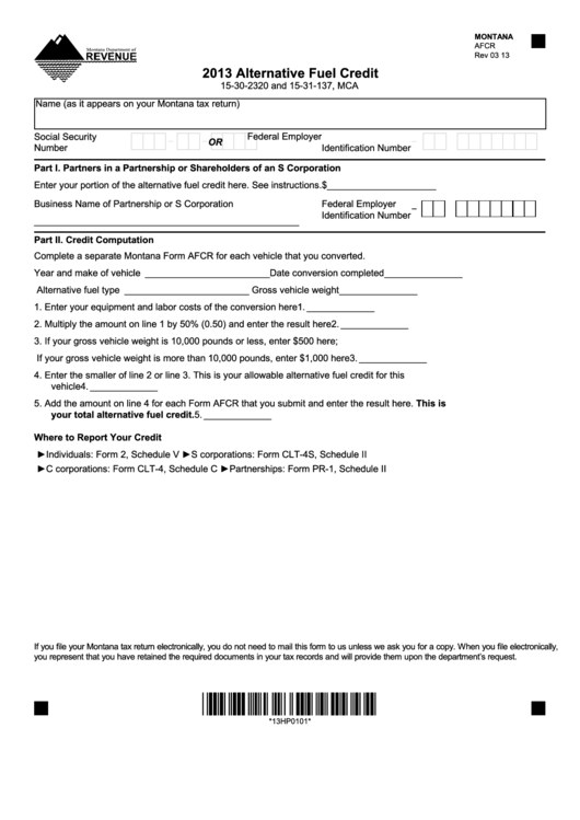 Montana Form Afcr - Alternative Fuel Credit - 2013 Printable pdf