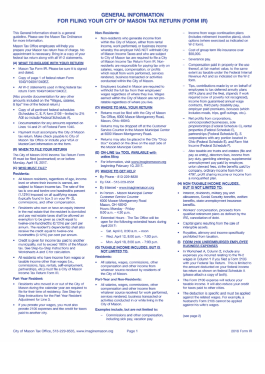 Form Ir - Instructions For Filing Your City Of Mason Tax Return - 2016 Printable pdf