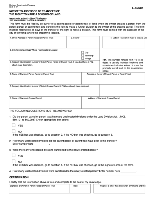 Fillable Form L4260a - Notice To Assessor Of Transfer Of The Right To ...